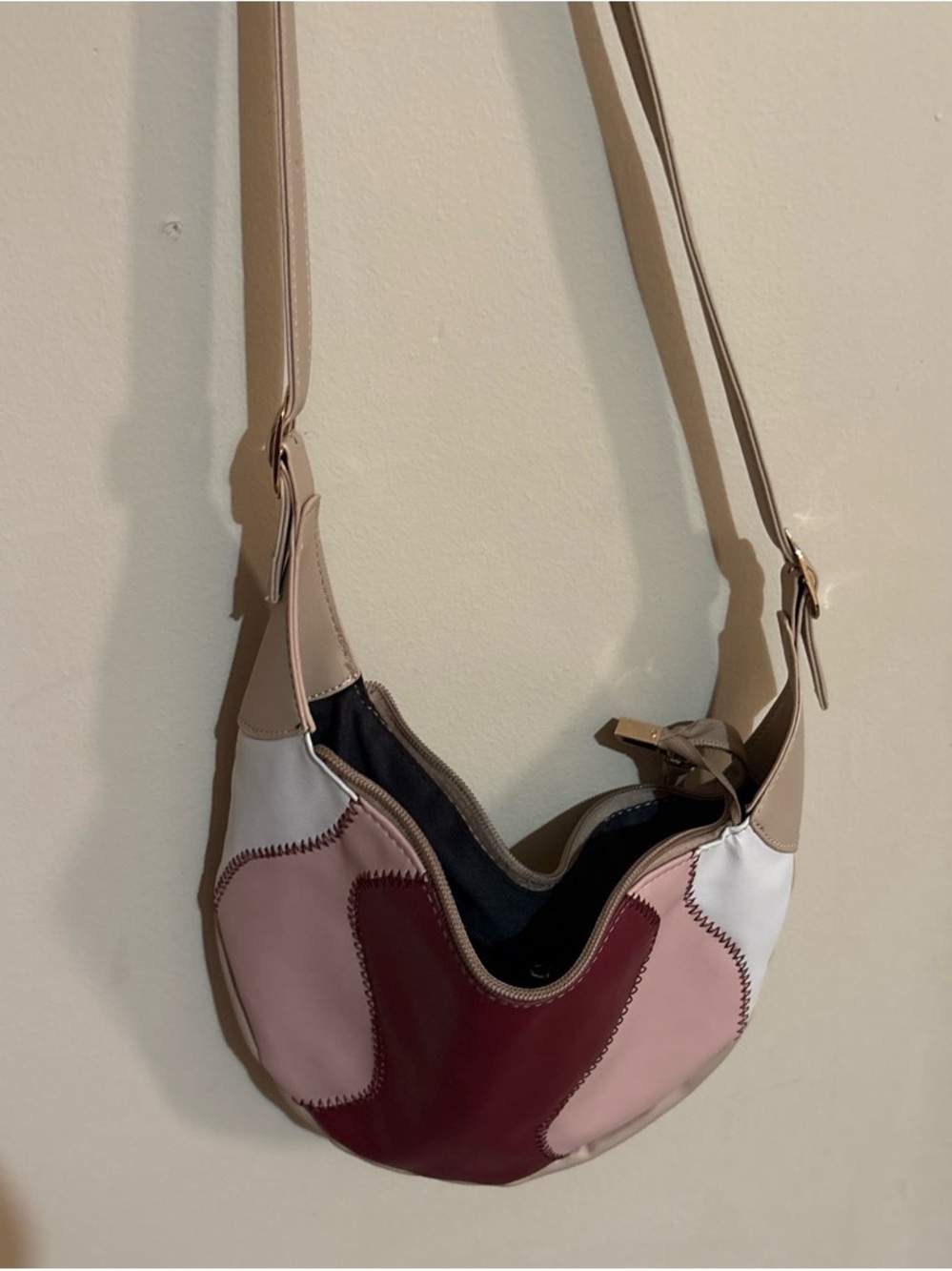 SHEIN Patchwork Crescent Shoulder Bag in Pink, Burgundy, White & Tan